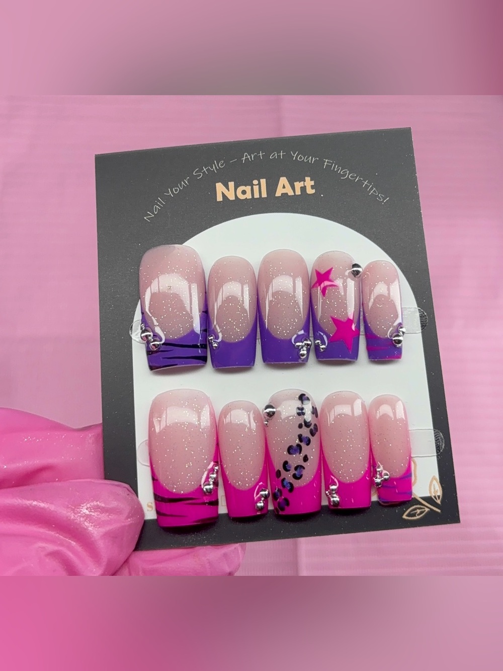 Medium square press on nails glitter pink stars purple French tip animal print